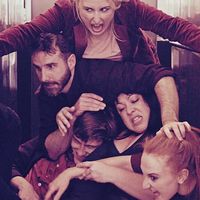 Actors, packed together, Screaming in a lift